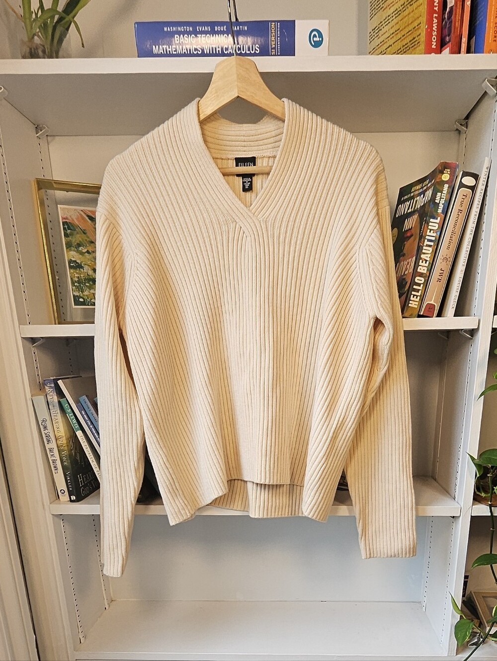 Eileen Fisher Merino Wool Cream Ribbed V-Neck Sweater Size XL Capsule Minimalist